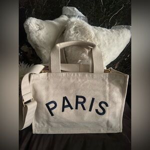 Anthropologie Embroidered Paris Canvas Tote in Cream. New